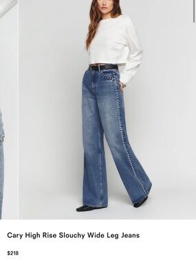Reformation Cary High-Rise Wide Leg Jeans in Blue with Stud Trim